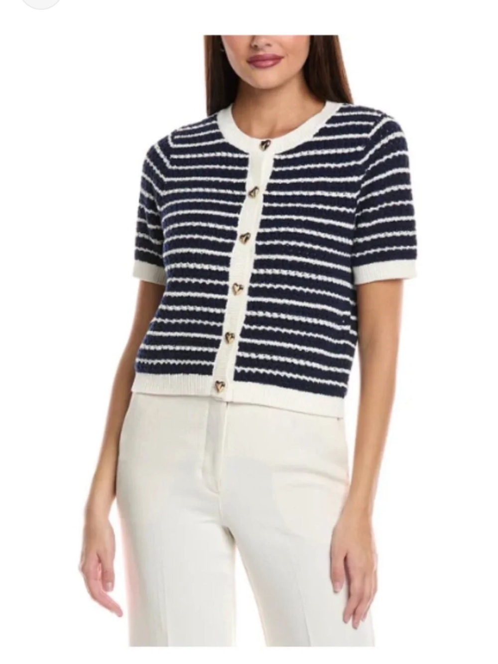 🔥NWOT Nanette Lepore Navy & White Striped Short-Sleeve Cardigan Sweater